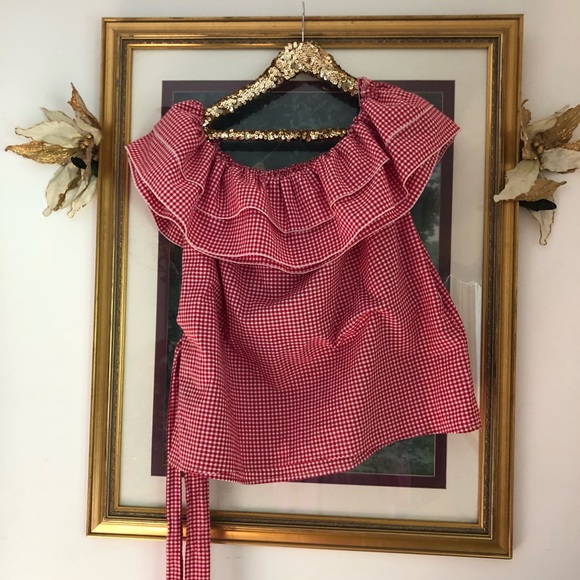 Large double ruffle off shoulder gingham top NWT L - Picture 3 of 5